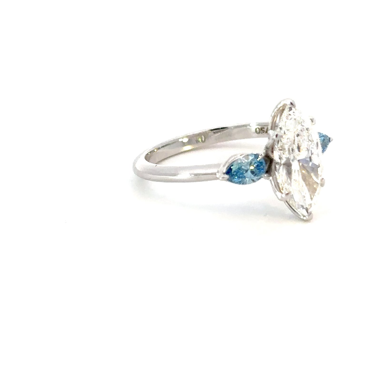 18K White Gold Ring with Marquise cut Lab Grown Diamond 2.05ct and 2 Pear cut Blue Diamonds TDW 0.38 Carat - Image 3