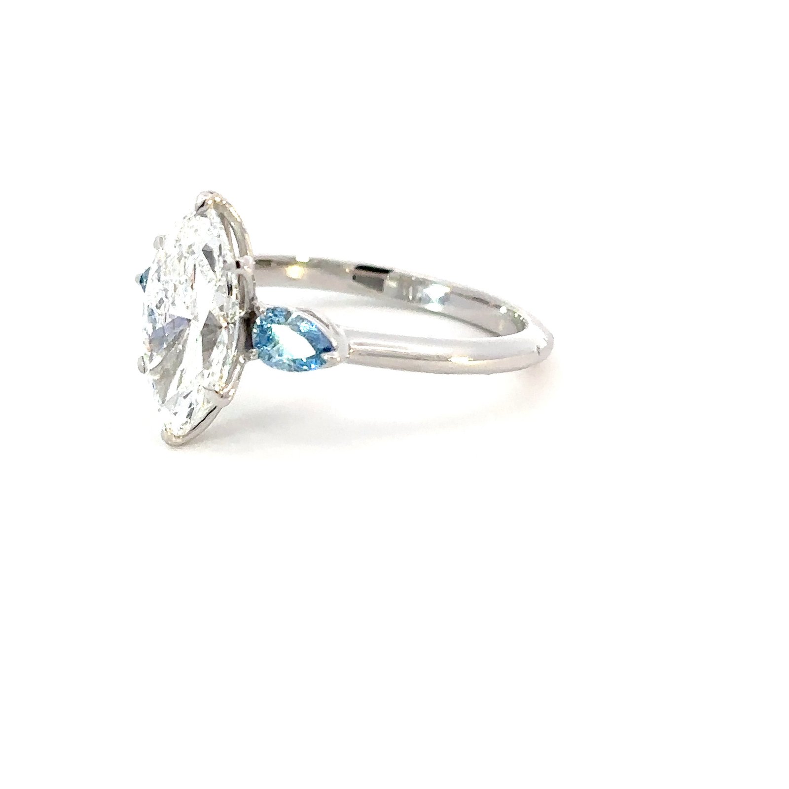 18K White Gold Ring with Marquise cut Lab Grown Diamond 2.05ct and 2 Pear cut Blue Diamonds TDW 0.38 Carat - Image 2
