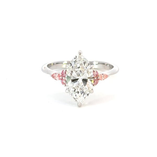 18K White Gold Ring with Marquise cut Lab Grown Diamond 2.0ct and 6 Round/Pear Pink Diamonds TDW 0.17 Carat