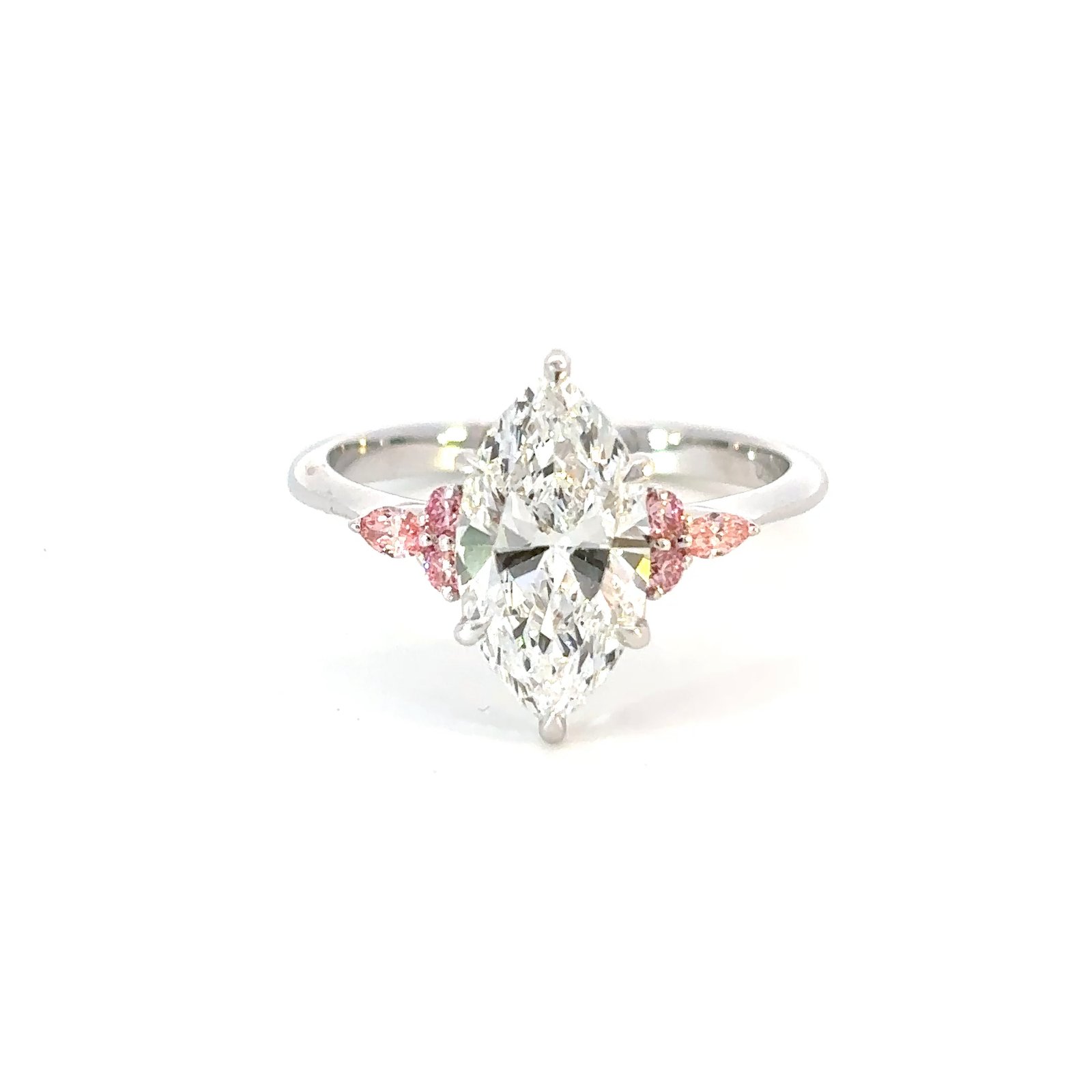 18K White Gold Ring with Marquise cut Lab Grown Diamond 2.0ct and 6 Round/Pear Pink Diamonds TDW 0.17 Carat