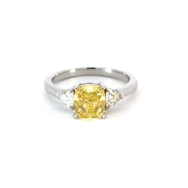 18K White Gold Ring with Cushion cut Yellow Lab Grown Diamond 2.01ct and 2 Trillion cut White Diamonds TDW 0.35 Carat