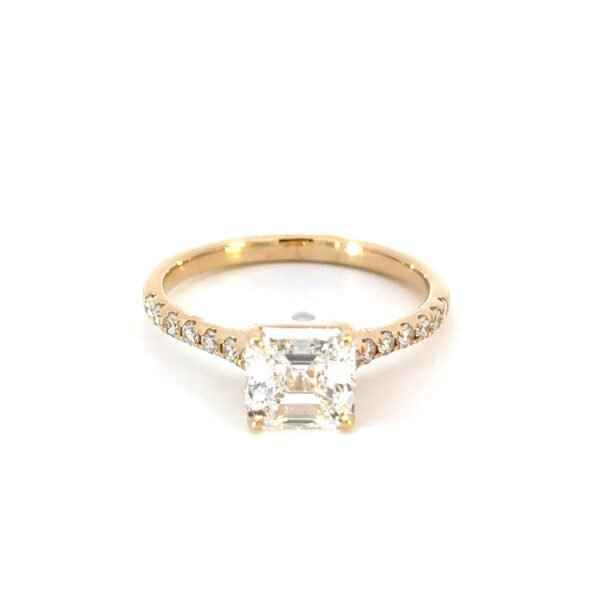 18K Yellow Gold Ring with Radiant cut Lab Grown Diamond 1.55 Carat and 14 Round Lab Grown Diamonds TDW 0.22 Carat