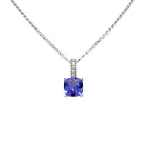 10K White Gold Pendant Cushion Cut Tanzanite 1.05 Carat and 5 Round White Diamonds TDW 0.04 Carat
