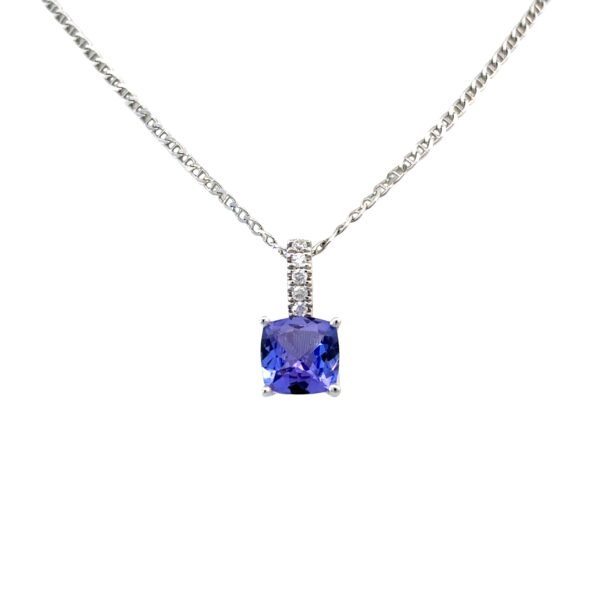 10K White Gold Pendant Cushion Cut Tanzanite 1.05 Carat and 5 Round White Diamonds TDW 0.04 Carat