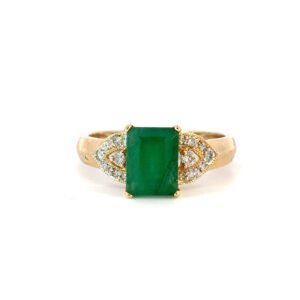 10K Yellow Gold Ring Emerald Cut Chrysoprase 1.47 Carat, 8 Round White Diamonds TDW 0.10 Carat