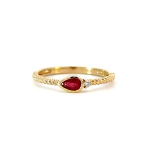 14K Yellow Gold Twisted Ring with Pear cut Ruby 0.23 Carat and Round White Diamond 0.02 Carat