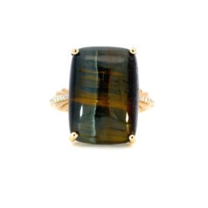 14K Yellow Gold Ring with Tiger Eye 10.75 Carat and 14 Round White Diamond 0.07 Carat