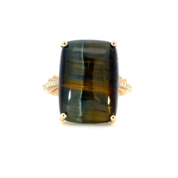 14K Yellow Gold Ring with Tiger Eye 10.75 Carat and 14 Round White Diamond 0.07 Carat