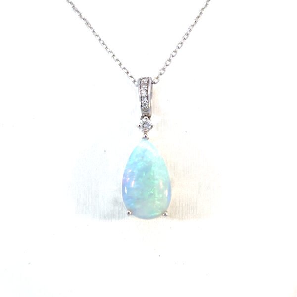 10K White Gold Pendant with Pear shaped Australian Opal 1.89 Carat and 6 Round White Diamonds TDW 0.06 Carat