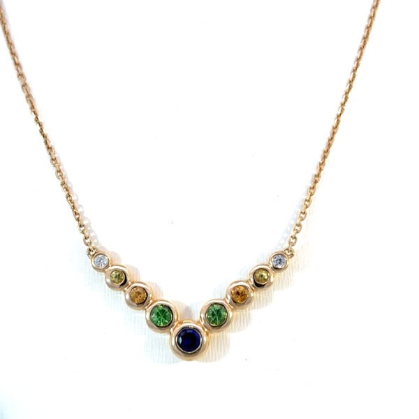 14K Yellow Gold Necklace with Round Multi-colured gemstones