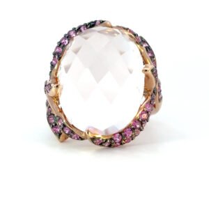 10K Rose Gold Ring with Rose Quartz 11.66 Carat and 50 Round Pink Sapphires TCW 0.86 Carat