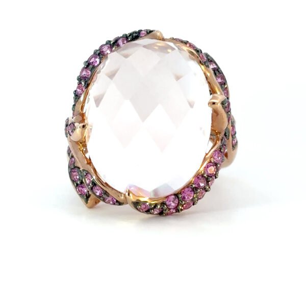 10K Rose Gold Ring with Rose Quartz 11.66 Carat and 50 Round Pink Sapphires TCW 0.86 Carat