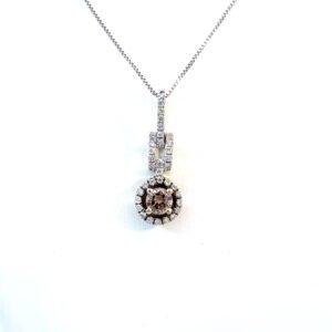 14K White Gold Pendant with Round Brown Diamond 0.21 Carat and 35 Round White Diamonds TDW 0.15 Carat