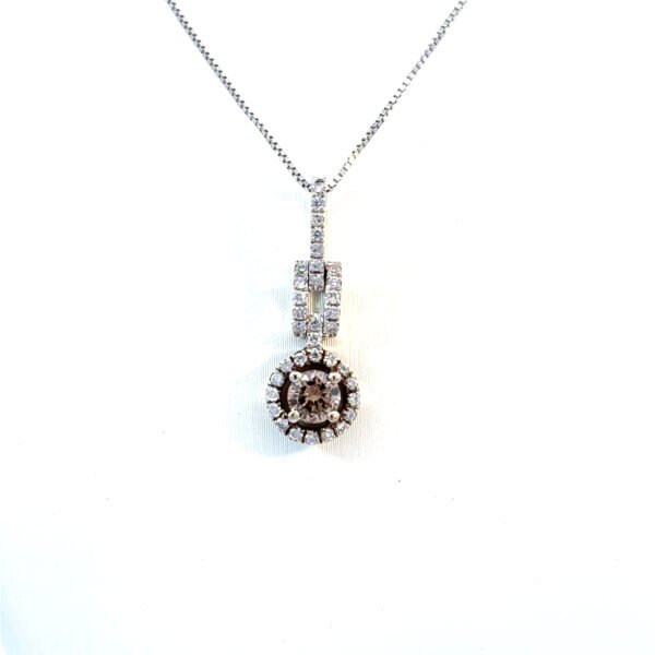 14K White Gold Pendant with Round Brown Diamond 0.21 Carat and 35 Round White Diamonds TDW 0.15 Carat