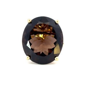 14K Yellow Gold Ring with Oval Smoky Quartz 12.33 Carat and 2 Round Pink Sapphires 0.09