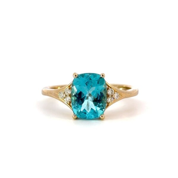 10K Yellow Gold Ring with Elongated cushion cut Apatite 2.14 Carat and 6 Round White Diamonds TDW 0.08 Carat