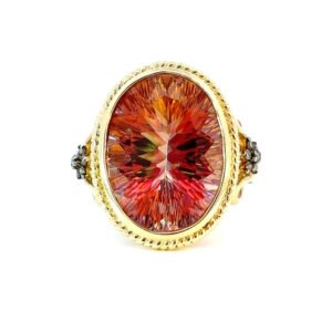 14K Yellow Gold Ring with Oval Azotic Topaz 15.3 Carat and 14 Round Brown Diamonds TDW 0.12 Carat