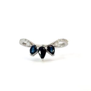 14K White Gold Ring with 3 Pear cut Blue Sapphires TCW 0.6 Carat and 14 Round White Diamonds TDW 0.12 Carat