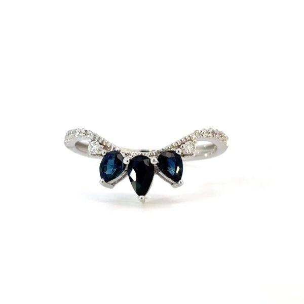 14K White Gold Ring with 3 Pear cut Blue Sapphires TCW 0.6 Carat and 14 Round White Diamonds TDW 0.12 Carat
