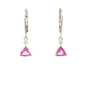 14K White Gold Drop Earrings with 2 Trillion cut Pink Sapphires TCW 1.32 Carat and 2 Round White Diamonds TDW 0.03 Carat