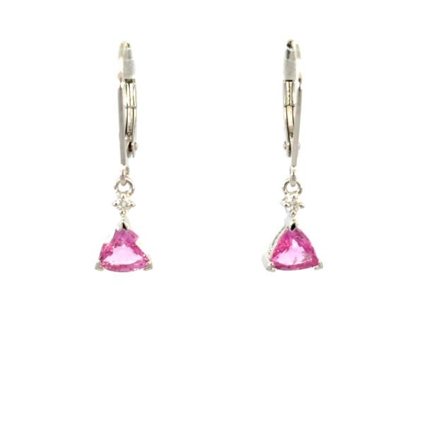 14K White Gold Drop Earrings with 2 Trillion cut Pink Sapphires TCW 1.32 Carat and 2 Round White Diamonds TDW 0.03 Carat