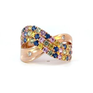 14K Rose Gold Ring with 45 Round Multi-colured Sapphires TCW 1.62 Carat and 2 Round White Diamonds TDW 0.05 Carat