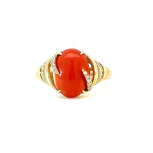 14K Yellow Gold Ring with Oval shaped Red Coral 3.22 Carat and 28 Round White Diamonds TDW 0.17 Carat