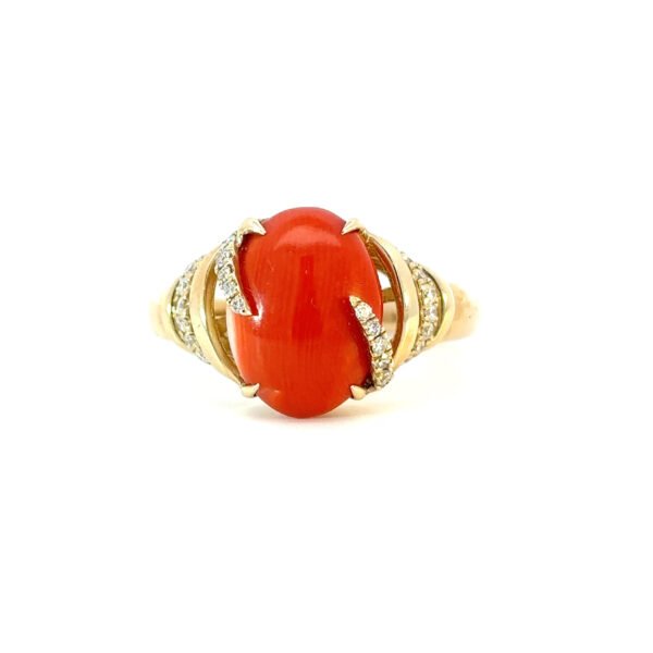 14K Yellow Gold Ring with Oval shaped Red Coral 3.22 Carat and 28 Round White Diamonds TDW 0.17 Carat