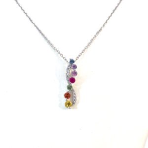 14K White Gold Necklace with 7 Round Multi-colured Sapphires TCW 0.35 Carat and 11 Round White Diamonds TDW 0.05 Carat