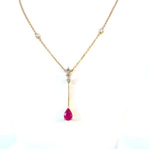 14K Yellow Gold Necklace with Pear cut Ruby 0.45 Carat and 5 Round White Diamonds TDW 0.12 Carat
