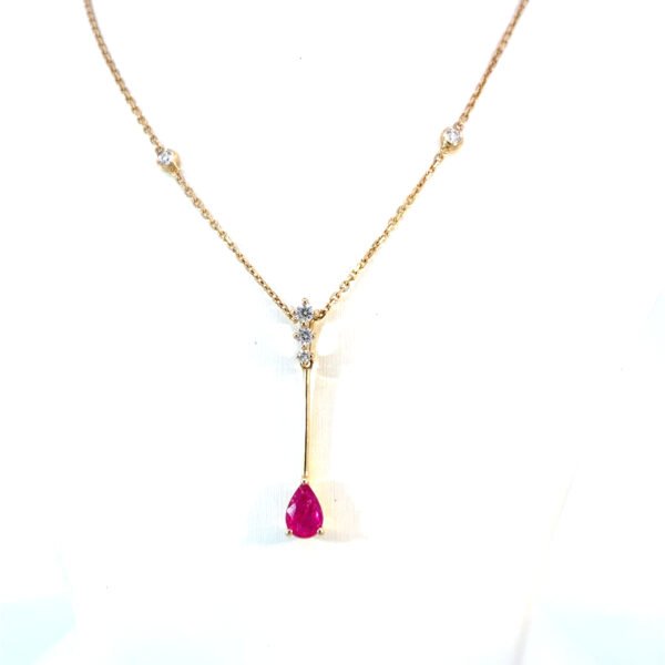 14K Yellow Gold Necklace with Pear cut Ruby 0.45 Carat and 5 Round White Diamonds TDW 0.12 Carat