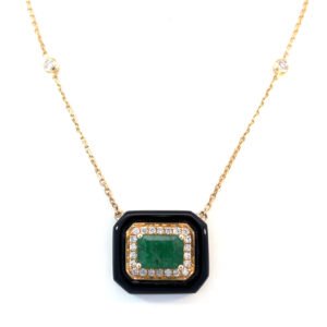 14K Yellow Gold Necklace with Emerald 0.99 Carat Onyx 2.17 Carat and 24 Round White Diamonds TDW 0.17 Carat
