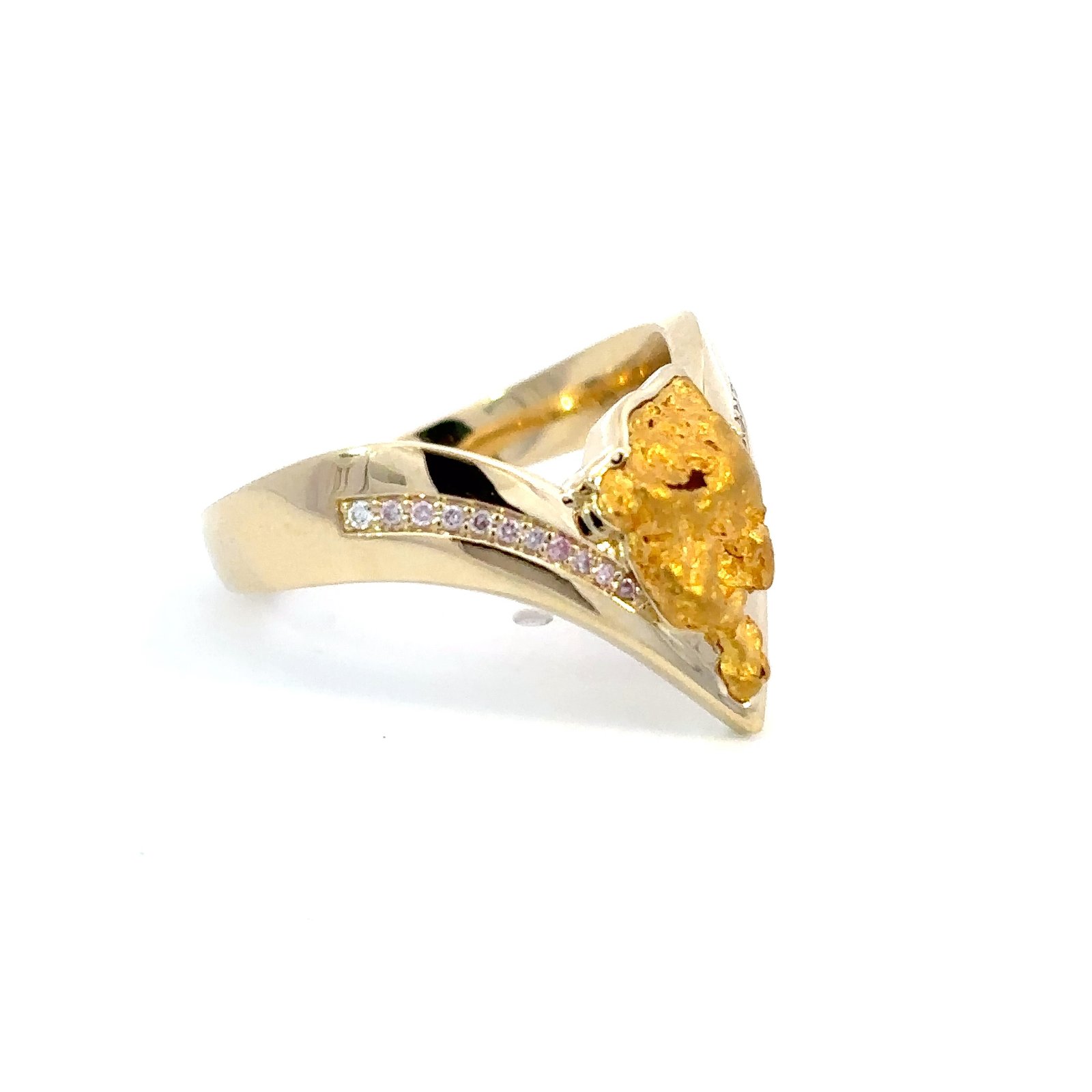 9K Yellow Gold Ring with Australian Nugget 1.06g and 21 Round Argyle Pink Diamonds TDW 0.06 Carat - Image 3