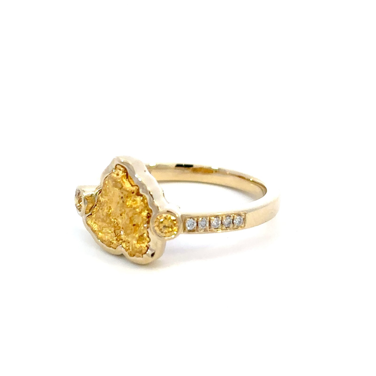 9K Yellow Gold Ring with Australian Nugget 0.9g 2 Round Yellow Diamonds TDW 0.13 Carat and 10 Round White Diamonds TDW 0.07 Carat - Image 2