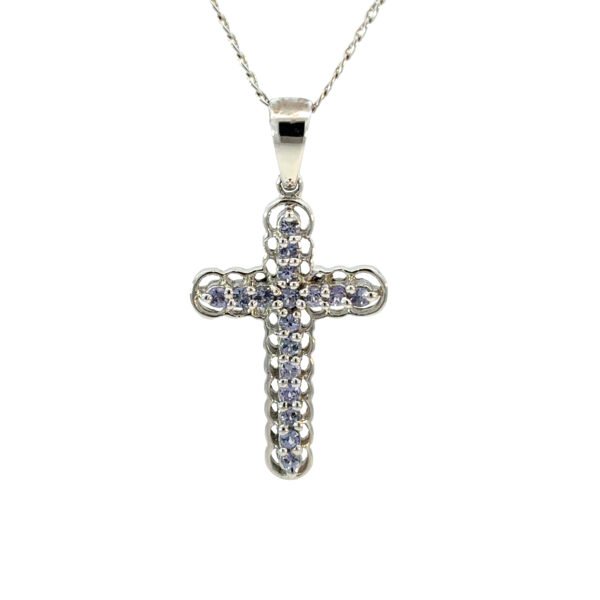 9K White Gold Cross Pendant 17 Round Tanzanites TCW 0.33 Carat