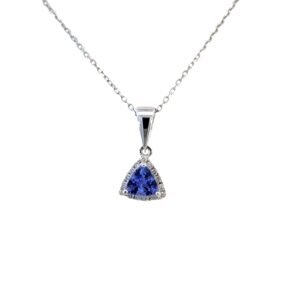 10K White Gold Pendant Trillion Cut Tanzanite 0.45 Carat,15 Round White Diamonds TDW 0.10 Carat