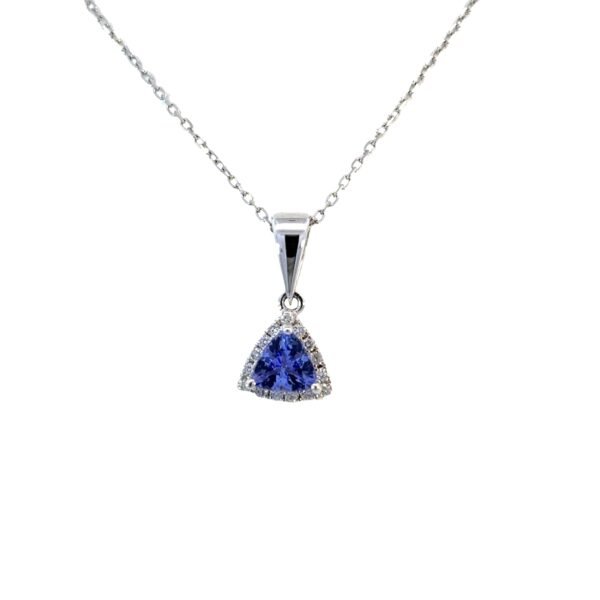 10K White Gold Pendant Trillion Cut Tanzanite 0.45 Carat,15 Round White Diamonds TDW 0.10 Carat