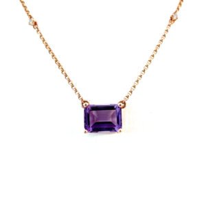 14K Rose Gold Necklace Emerald Cut Amethyst 2.19 Carat and 2 Round White Diamonds TDW 0.02 Carat