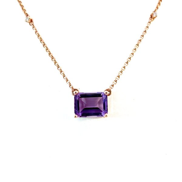 14K Rose Gold Necklace Emerald Cut Amethyst 2.19 Carat and 2 Round White Diamonds TDW 0.02 Carat