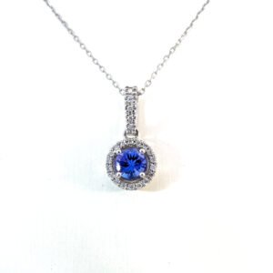 10K White Gold Pendant Round Tanzanite 0.65 Carat, 23 Round White Diamonds TDW 0.09 Carat