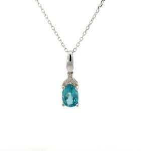 10K White Gold Pendant Oval Apatite 0.80 Carat, 6 Round White Diamonds TDW 0.02 Carat