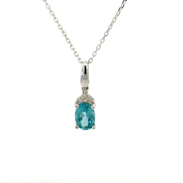 10K White Gold Pendant Oval Apatite 0.80 Carat, 6 Round White Diamonds TDW 0.02 Carat