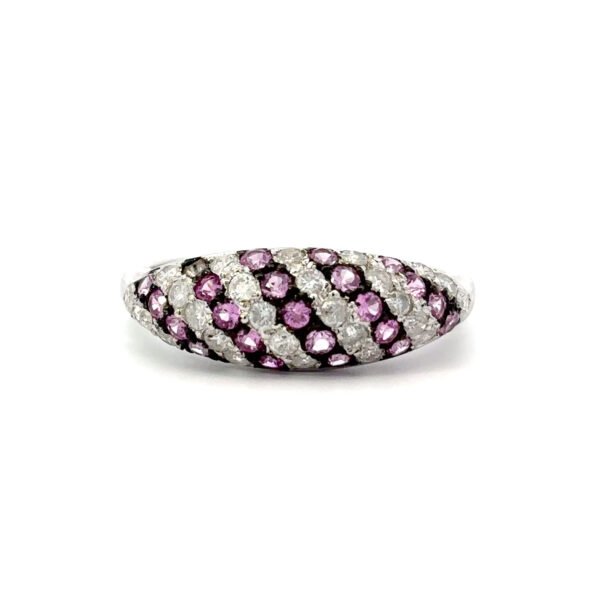 10K White Gold Ring 23 Round Pink Sapphires TCW 0.52 Carat, 26 Round White Diamonds TDW 0.48 Carat
