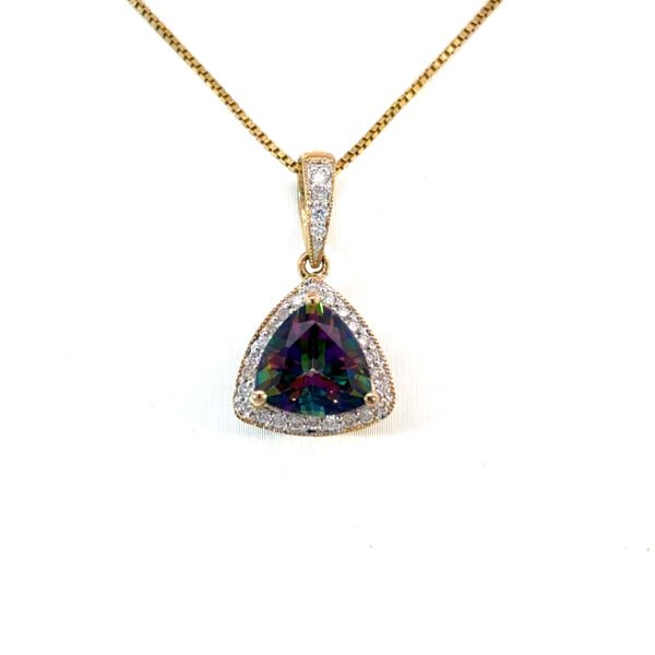 14K Yellow Gold Pendant Trillion Cut Mystic Topaz 1.95 Carat, 28 Round White Diamonds TDW 0.15 Carat