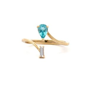 14K Yellow Gold Ring Pear Shaped Apatite 0.41 Carat, Baguette White Diamond 0.07 Carat