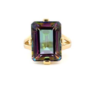 14K Yellow Gold Ring with Emerald cut Mystic Topaz 15.46 Carat