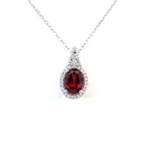 14K White Gold Pendant Oval Garnet 1.53 Carat and 27 Round White Diamonds 0.11 Carat
