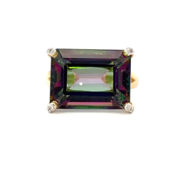 14K Yellow Gold Ring with Emerald cut Mystic Topaz 15.03 Carat and 10 Round White Diamonds TDW 0.09 Carat