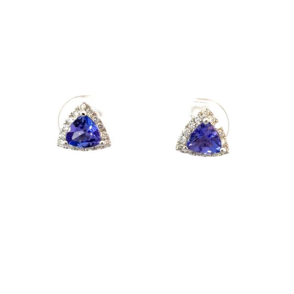 10K White Gold Stud Earrings with Trillion cut Tanzanites TCW 0.80 Carat and 30 Round White Diamonds TDW 0.19 Carat