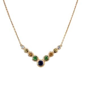 14K Yellow Gold Necklace with Round Multi-colured gemstones